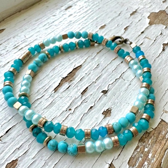 Handmade Jewelry - Turquoise Quartz, Faux Pearl, & Gold Hematite Beaded Double Wrap Bracelet